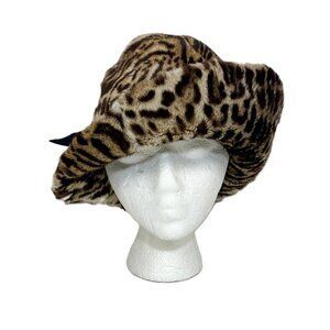 Vintage 60s 70s Fur Hat Leopard spot animal print Cloche bucket felt Winter